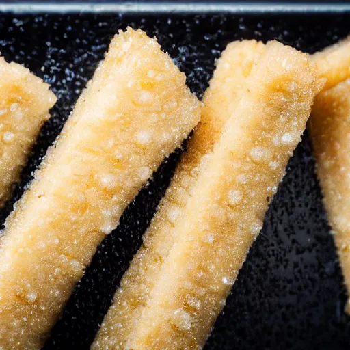 Image similar to Soaking wet soggy fish stick drenched with a stream water from a faucet on a moist wet plate. Very wet delicious crusty fish sticks. Macro lens close up 4K food commercial shot