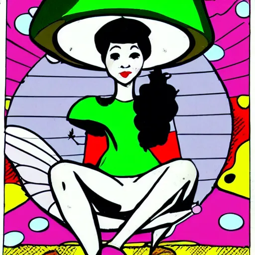 Prompt: fairy wearing mushroom hat while sitting on giant mushroom smoking a pipe in eighties comics pop art style