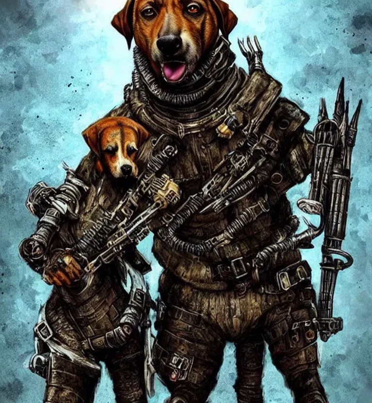 Image similar to a good ol'hound dog fursona ( from the furry fandom ), heavily armed and armored facing down armageddon in a dark and gritty version from the makers of mad max : fury road. witness me.