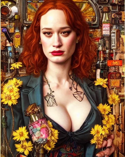 Prompt: sophisticated portrait of christina hendricks brie larson kat dennings, 1 9 8 0 s flower power hippy, very smoky cyberpunk paris bar, elegance, highly detailed, shallow depth of field, artstation, artgerm, donato giancola and joseph christian leyendecker