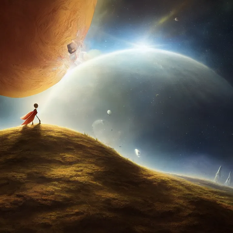 Prompt: a beautiful painting about of the story follows a single young prince who visits various planets in space, including earth, and addresses themes of loneliness, friendship, love, and loss, 8 k resolution, hdr, highly detailed