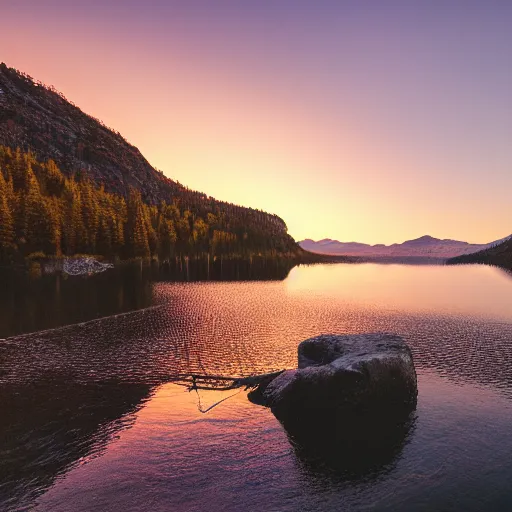 Image similar to cinematic wide shot of a lake with a rocky foreground, sunset, a bundle of rope is in the center of the lake, leica, 2 4 mm lens, 3 5 mm kodak film, f / 2 2, anamorphic