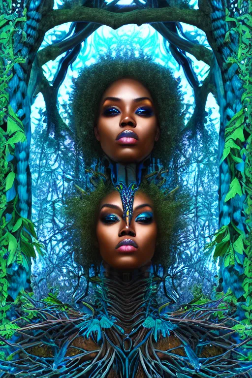 Image similar to hyperrealistic post - lowbrow super gorgeous! black woman with exoskeleton armor, merging with tree in a forest, highly detailed digital art masterpiece smooth cam de leon hannah yata dramatic pearlescent blue teal light ground angle hd 8 k sharp focus