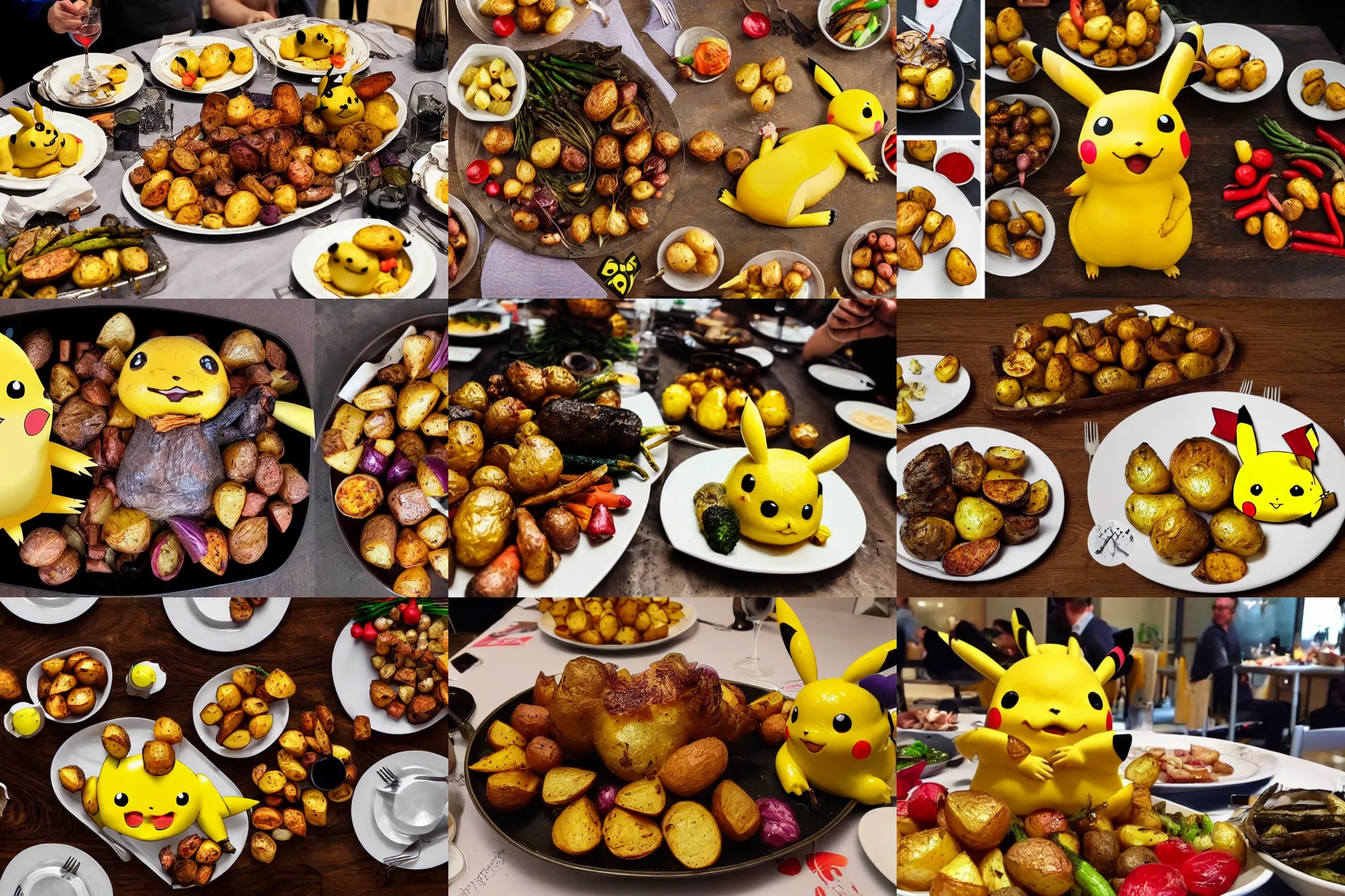 Prompt: roasted pikachu on a table with roast potatoes and vegetables, steaming food, celebration dinner