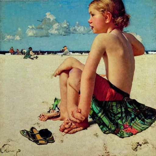 Image similar to “young girl at the beach by Norman Rockwell”