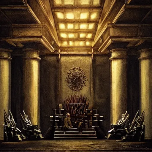 Prompt: game of thrones, throne room, moody, dark, highly detailed, dynamic lighting, painting by caravaggio