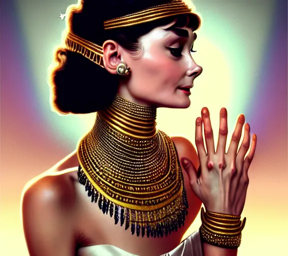 Image similar to photography audrey hepburn with hands - up and hairy armpits, dressed like cleopatra, deep focus, intricate, elegant, highly detailed, digital painting, artstation, concept art, matte, sharp focus, illustration, art by artgerm and greg rutkowski and alphonse mucha and gil elvgren