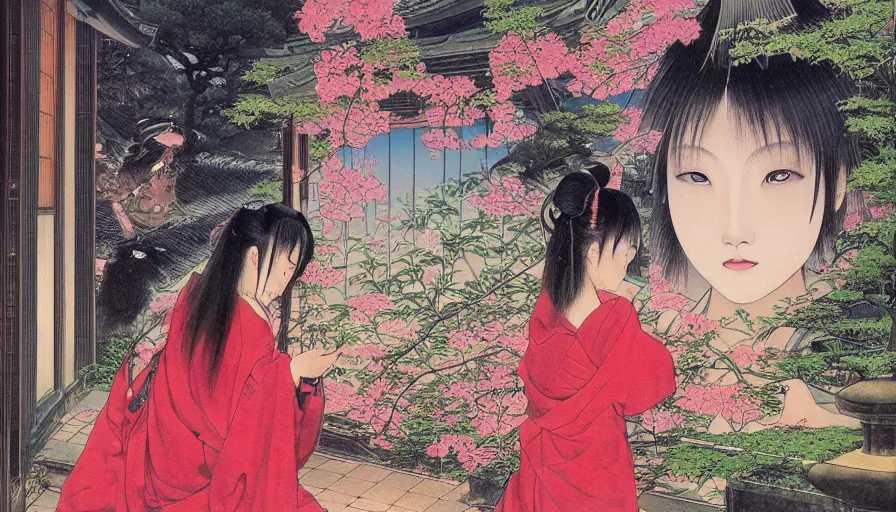 Image similar to noriyoshi ohrai painting of a beautiful girl in japan, looking out a window at a temple garden filled with yokai and spirits, uhd, high detail,