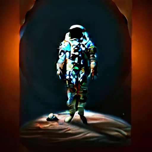 Image similar to full-body dark creepy baroque style oil painting realism a decapitated astronaut with futuristic elements. he welcomes you under with no head, empty helmet inside is occult mystical symbolism headless full-length view. standing on ancient altar eldritch energies lighting forming around disturbing frightening intricate renaissance, digital illustration hyper realism, 8k, depth of field, 3D