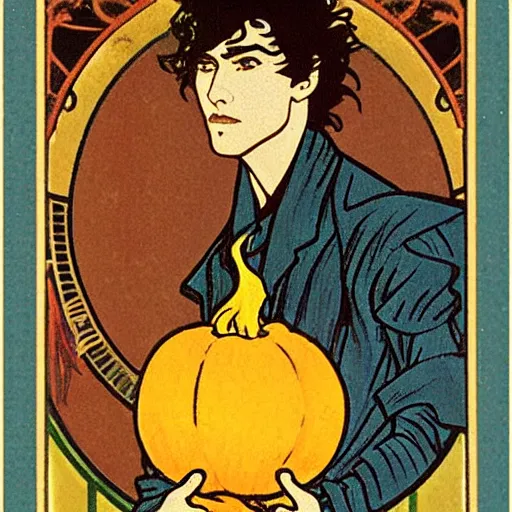 Image similar to tarot card of young cute handsome beautiful dark medium wavy hair man in his 2 0 s named shadow taehyung and cute handsome beautiful min - jun together at the halloween party, bubbling cauldron, candles, smoke, autumn colors, elegant, stylized, soft facial features, delicate facial features, art by alphonse mucha, vincent van gogh, egon schiele