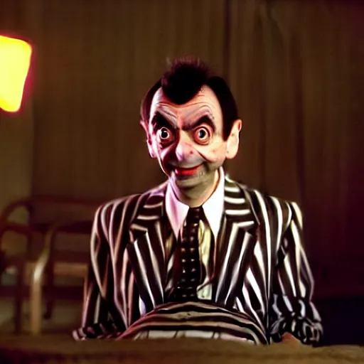 Image similar to mr. bean as beetlejuice. movie still. cinematic lighting.