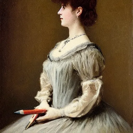 Image similar to young victorian lady in ball gown, absent - minded chewing on the end of a pencil, painted by alfred stevens