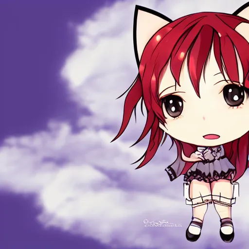 Image similar to portarait anime chibi smiling girl with cat ears, redhead, floating on a cloud, trending on artstation , high resolution, highly detailed