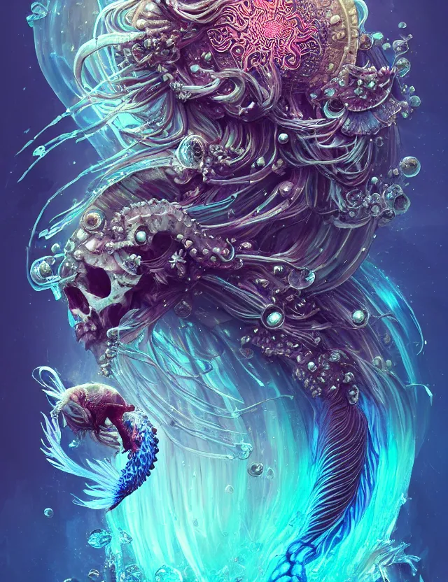 Image similar to goddess macro shouler portrait from bottom to top in crown made of ram skull. betta fish, jellyfish phoenix, bioluminiscent, plasma, ice, water, wind, creature, super intricate ornaments artwork by tooth wu and wlop and alena aenami and greg rutkowski