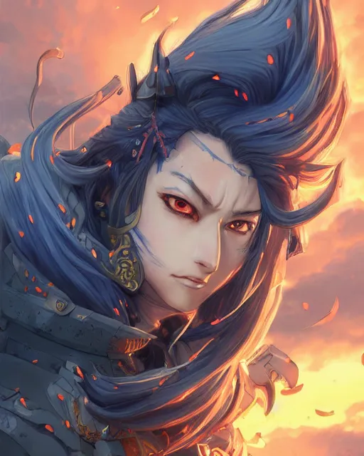 Image similar to An anime portrait of a beautiful D&D half-orc female with long wavy dark blue hair, bright orange eyes, intricate full body armour, fantasy soldier, by Stanley Artgerm Lau, WLOP, Rossdraws, James Jean, Andrei Riabovitchev, Marc Simonetti, and Sakimichan, highly detailed, ultra detailed, golden hour, trending on artstation, cgstudio