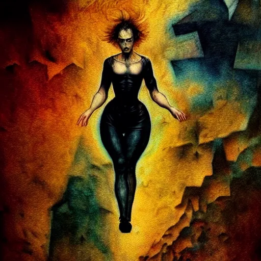 Image similar to walking in the air, 8 k resolution, beautiful, dark ambient, neoplasticism art, goth, marvel comics dslr hdr, art by artemisia gentileschi, water color, artstation, concept art, smooth, sharp focus, illustration, optical illusion