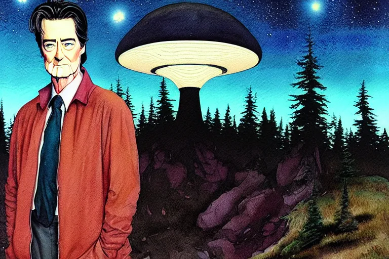 Prompt: a hyperrealist watercolour character concept art portrait of kyle maclachlan from twin peaks on well lit night in the forest with city lights. a ufo is in the background. by rebecca guay, michael kaluta, charles vess and jean moebius giraud