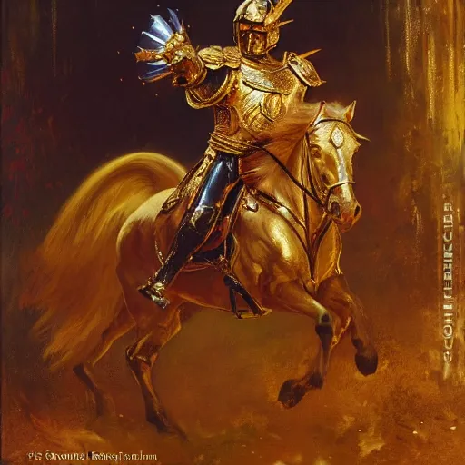 Prompt: emmanuel macron wearing a shining golden armor, highly detailed painting by gaston bussiere, craig mullins, j. c. leyendecker, 8 k, mid shot