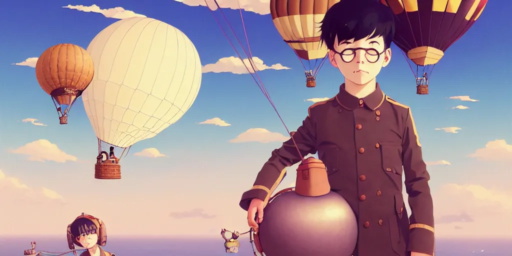 Image similar to 3 d portrait of a boy with an aviator helmet and goggles standing at the helm of a multidimensional steampunk hot air balloon by ilya kuvshinov, cloudy sky background lush landscape ln illustration concept art anime key visual trending pixiv by victo ngai fanbox by greg rutkowski makoto shinkai takashi takeuchi studio ghibli