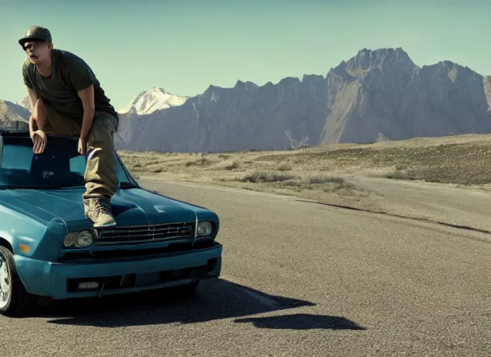 Image similar to a very high resolution image from a new movie, eminem driving a car. mountains, directed by wes anderson