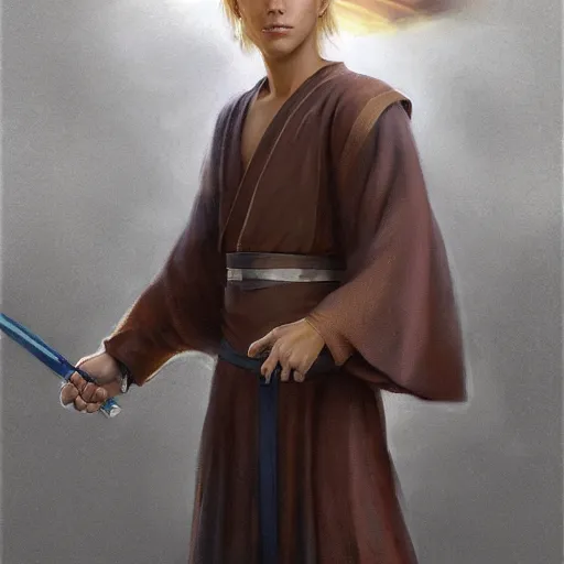 Image similar to a young blonde male jedi with short hair looking away at a threat full body shot concept art by Doug Chiang cinematic concept art, realistic painting, high definition, digital art, matte painting, symmetrical, very detailed, realistic, dramatic lighting, cinematic, establishing shot, extremely high detail, photo realistic, cinematic lighting, post processed, concept art, artstation, matte painting, red color scheme