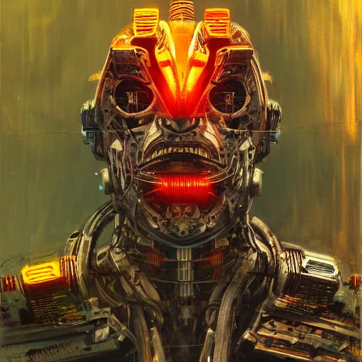 Image similar to cyborg robot tiger, huge jaws and exposed wiring, camera lens eyes, cyberpunk 2 0 7 7 and beksinski style painting