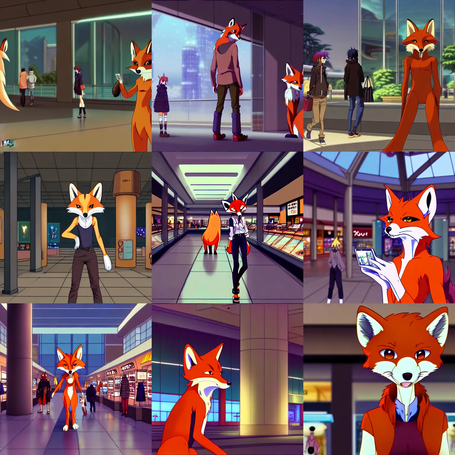 Image similar to an anthropomorphic furry fox shopping at a futuristic mall, photorealistic, anime, makoto shinkai, james gurney, don bluth!!!, hibbary, dark natasha, goldenwolf, furaffinity