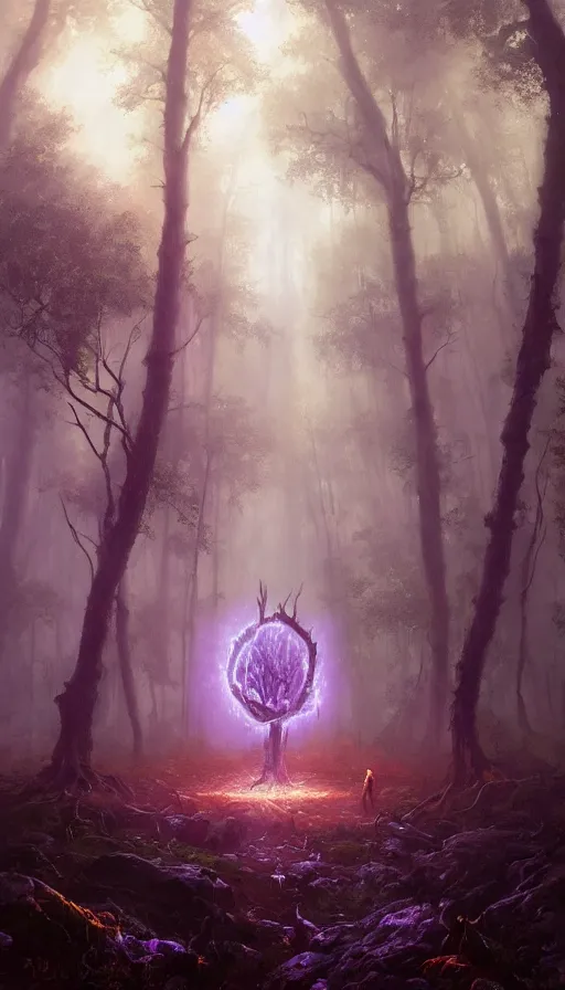 Image similar to Hyper realistic oil painting of a future sci-fi ancient god on the middle of a forest with a lot of purple trees holding a portal that's about to explode, fog, volumetric lighting, nighttime, moonlight, by Greg Rutkowski and Diego Velázquez