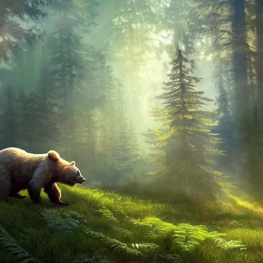 Image similar to a realistic bear, beautiful, proportionate, atmosphere, vibe, forest, lot of trees, fern, flowers, concept art illustration, color page, tone mapping, akihiko yoshida, james jean, andrei riabovitchev, marc simonetti, digital illustration, greg rutowski, volumetric lighting, sunbeams, particles