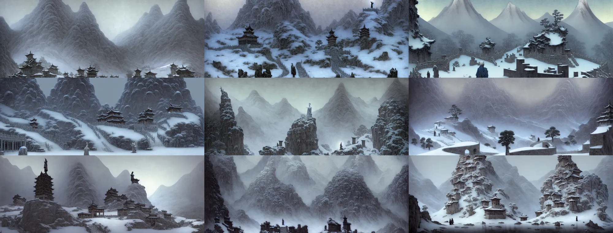 Image similar to a gorgeous bleak snowy landscape painting by barlowe wayne, maxfield parrish, gustave dore and marco mazzoni. a lonnely huge chinese buddha statue. china mountain village. grey blue and very little light verdancy. the winding stone steps. ultra clear detailed. 3 d, octane render. turbulent blood lake.