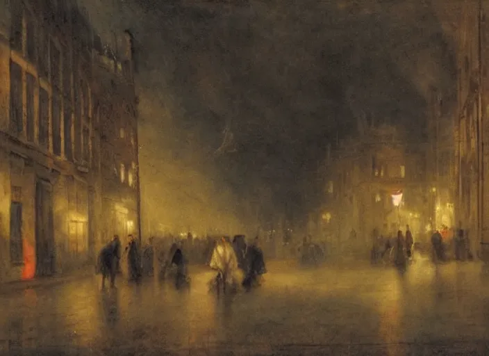 Image similar to 1 9 th century london, art by thomas lawrence, robert rubert and john martin, dark, night, gas lights, floor fog, coherent composition,