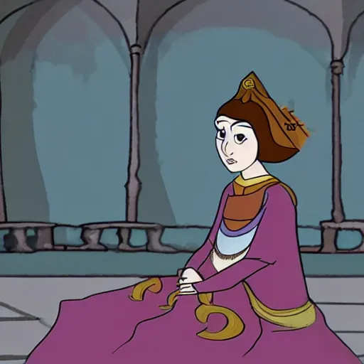 Prompt: a warrior princess sitting in her court, in the art style of cartoon saloon.