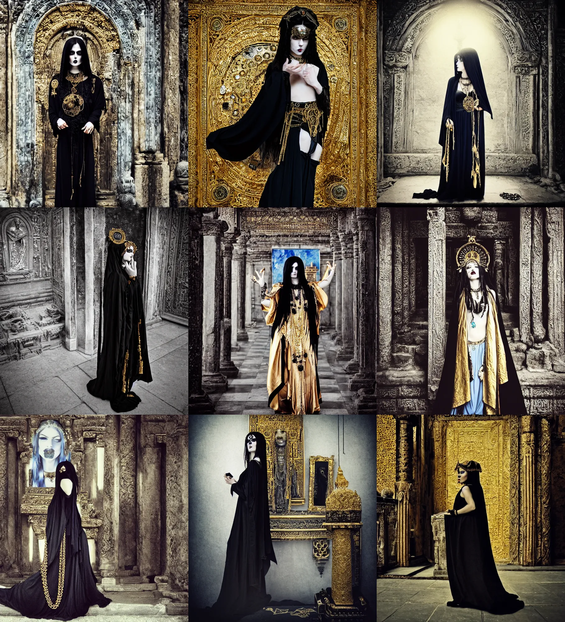 Prompt: lomography, full body portrait photo of a beautiful goth woman from a distance as a priestess wearing ornate gold jewelry and a black robe walking past a altar in a ancient temple interior, moody, realistic, dynamic perspective pose, light blue filter, skin tinted a warm tone, hdr, rounded eyes, detailed facial features, alphone mucha, heian, black white gold