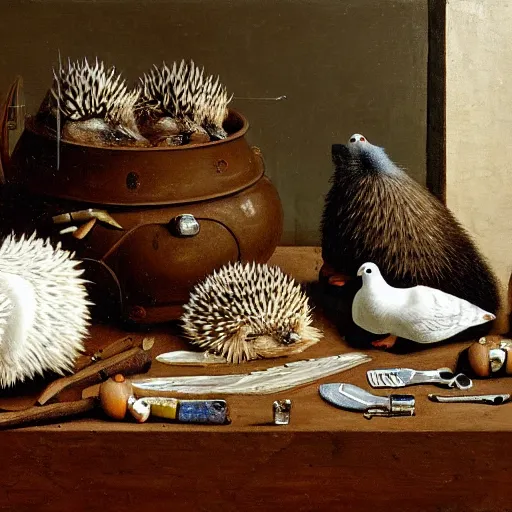 Prompt: painting of a hedgehog and a white dove on a table in a ceramic workshop, surrounded by ceramicists tools and unfinished bowls, oil painting, northern renaissance art, oil on canvas, wet - on - wet technique, realistic, intricate textures, illusionistic detail