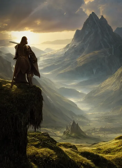 Image similar to medieval adventurer in lord of the rings scenery landscape, looking out at a vast valley at sunrise with mountains in the distance, god's rays, highly detailed, cinematic lighting, perfect composition, 4 k, gustave dore, derek zabrocki, greg rutkowski, belsinski, octane render