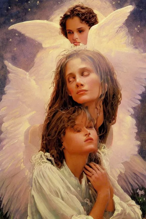 Image similar to angelic painting of young Julia Roberts, Norman Rockwell, oil painting, ethereal, cottage core, faerie, beautiful, loish,