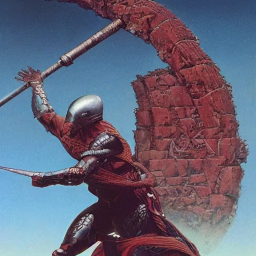 Image similar to warrior blocking cannonball with his shield, by wayne barlowe
