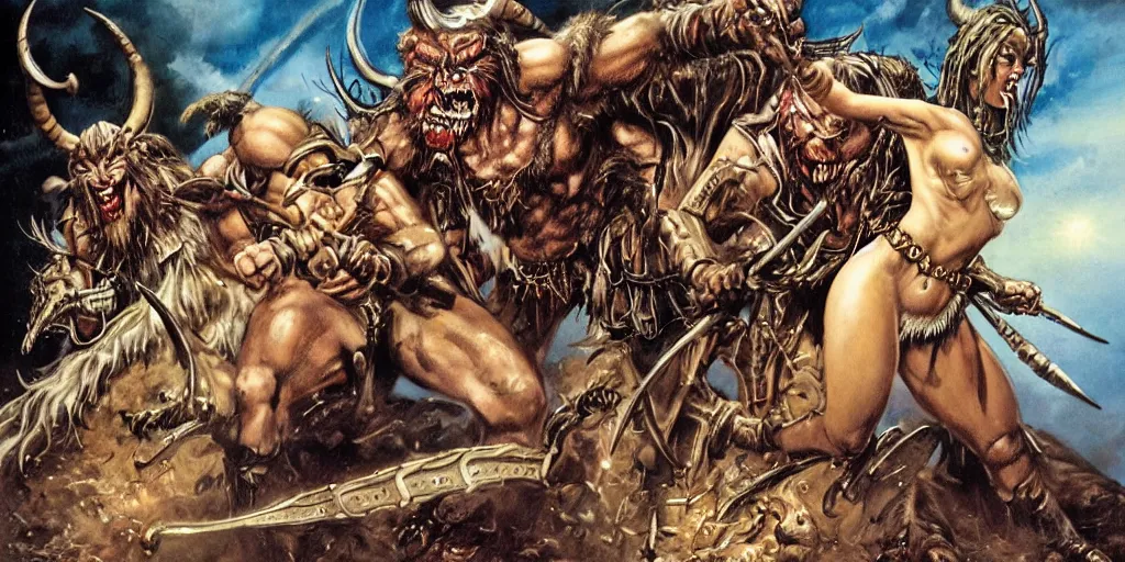 Prompt: Epic fantasy battle between krampus and warrior-girls, illustrated by Boris Vallejo and H.R. Giger