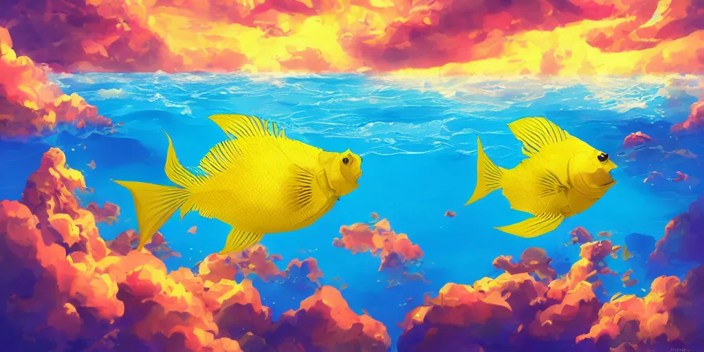 Prompt: giant yellow angelfish swimming through a sea made of big puffy clouds, large polygonal background elements, large polygons, dramatic anime, dramatic lighting, artgerm, manga, trending on artstation, art nouveau, mature colors