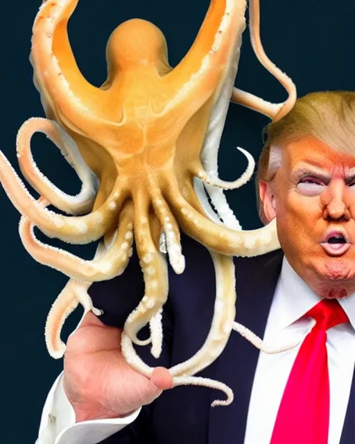 Image similar to Donald Trump with Octopus Tentacles for hands, the tentacles are wet, glistening, and very realistic