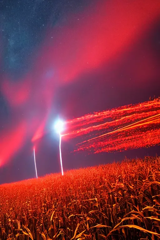 Prompt: Three giant glowing red beacons made out of light in the center of a corn field blasting off into space, 8K UHD