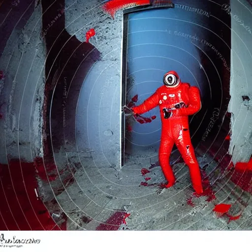 Image similar to lomo photo of reptilian in spacesuit staying in front of abandoned hospital, red splatters on the walls, dark, moody, foggy, gloomy