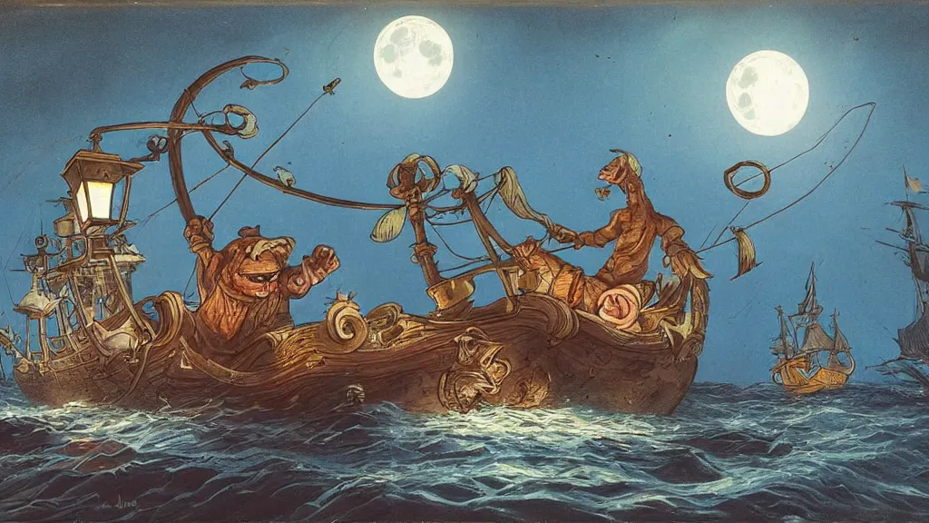 Prompt: a large!! surfacing anglerfish!!!! meets a lantern - holding!!!! sailor!!!! on a ( sloop ), ( background with large full moon and purple sky ), in the styles of tom coletti, jorge jacinto, and thomas veyrat intricate, accurate details