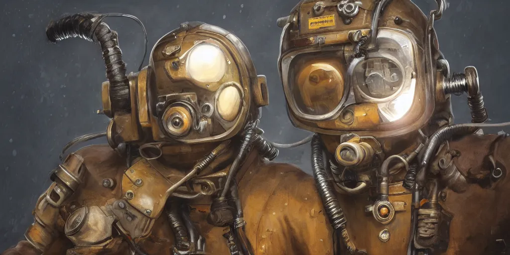 Prompt: highly detailed portrait painting of welder in atmospheric diving suit, mono eyed, by eddie mendoza and tyler edlin, windows, 8 k resolution