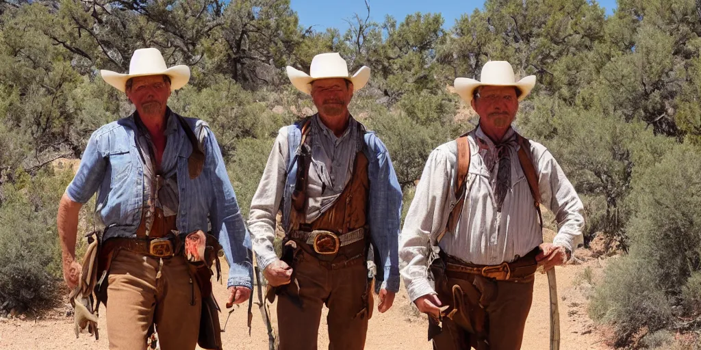 Prompt: two rugged cowboys on the old west desert trail, Santa Fe, in the style of Fredrick Remington