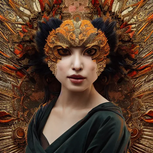 Prompt: a photorealistic dramatic fantasy render of a beautiful woman pelin baynazoglu wearing a beautiful intricately detailed japanese monkey kitsune mask and clasical japanese kimono by wlop, artgerm, greg rutkowski, alphonse mucha, epic, beautiful dynamic dramatic dark moody lighting, shadows, cinematic atmosphere, artstation, concept design art, octane render, 8 k