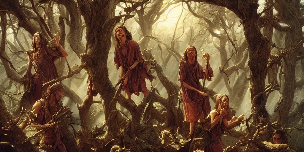 Image similar to messengers mourning for the rotten and slashed tree Michael Whelan by Jeff Easley photorealistic by Edmonia Lewis, cinematic, coherent, realistic faces, clear, detailed, intricate, dramatic lighting, establishing shot, 8k resolution