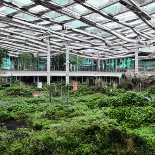 Image similar to an abandoned vaporware mall with growing vegetations