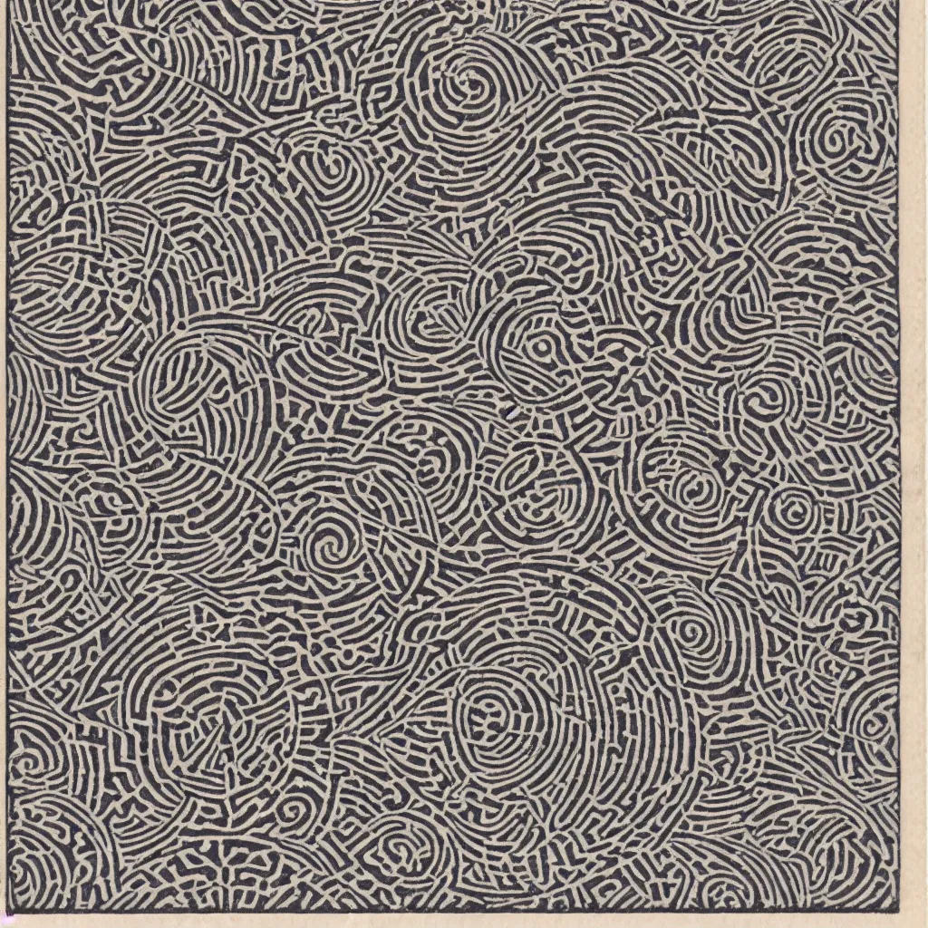 Prompt: optical illusion woodblock print, galactic stamp pattern