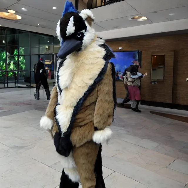 Prompt: a person wearing a fursuit of a magpie fursona, fursona, furry convention, hotel lobby, indoors, photograph, furry fandom, photorealistic,